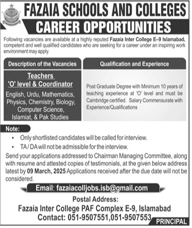 Fazaia Inter College Islamabad Teaching Jobs 2025 